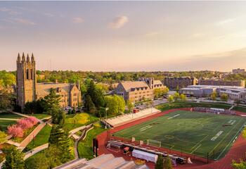 Aerial view of Saint Joseph's campus featuring Barbelin Hall and Sweeney Field